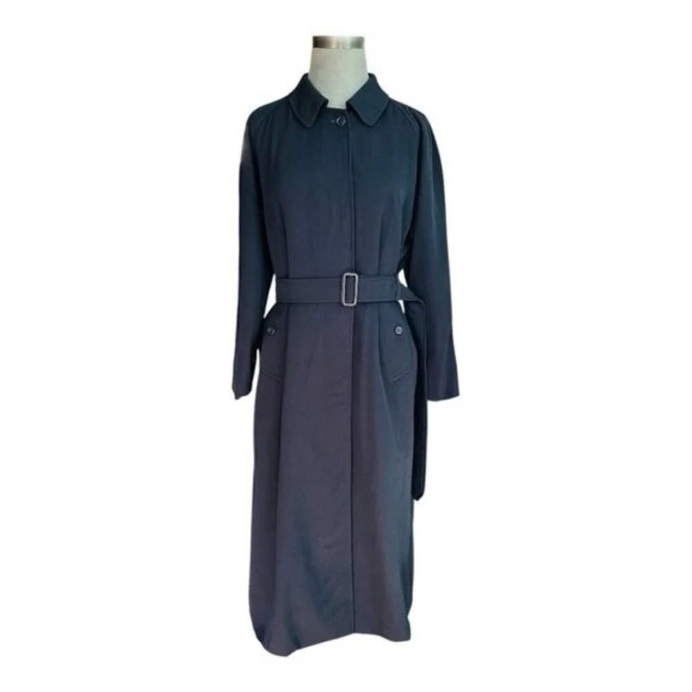 Authentic Burberry 100% Wool Navy Blue Midi Trench Coat Women's 10 Waterproof - Picture 4 of 13